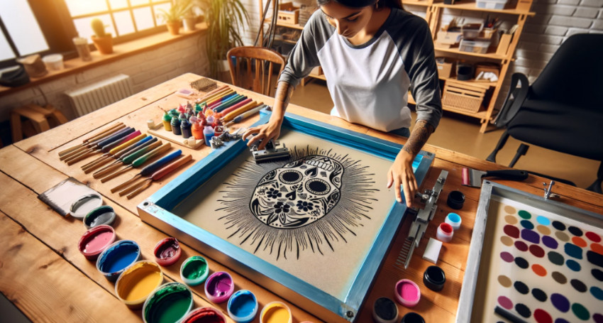 A person screen printing a skull design onto a t-shirt in a well-organized, sunlit craft studio.