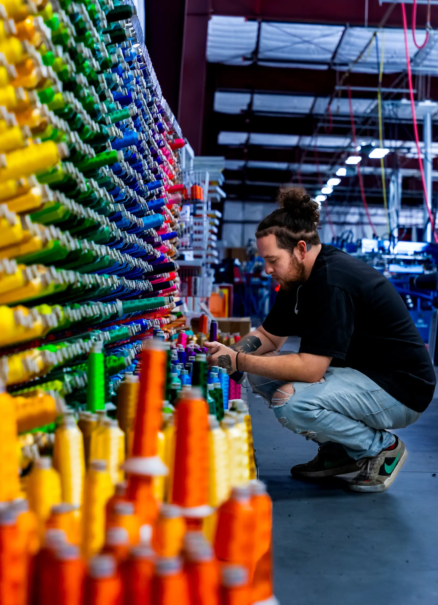 Colorful thread wall for embroidery color matching