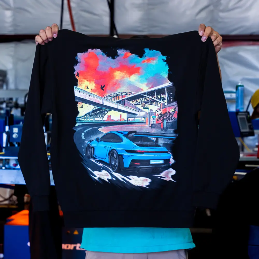 Digital squeegee print on Independent Trading hoodie