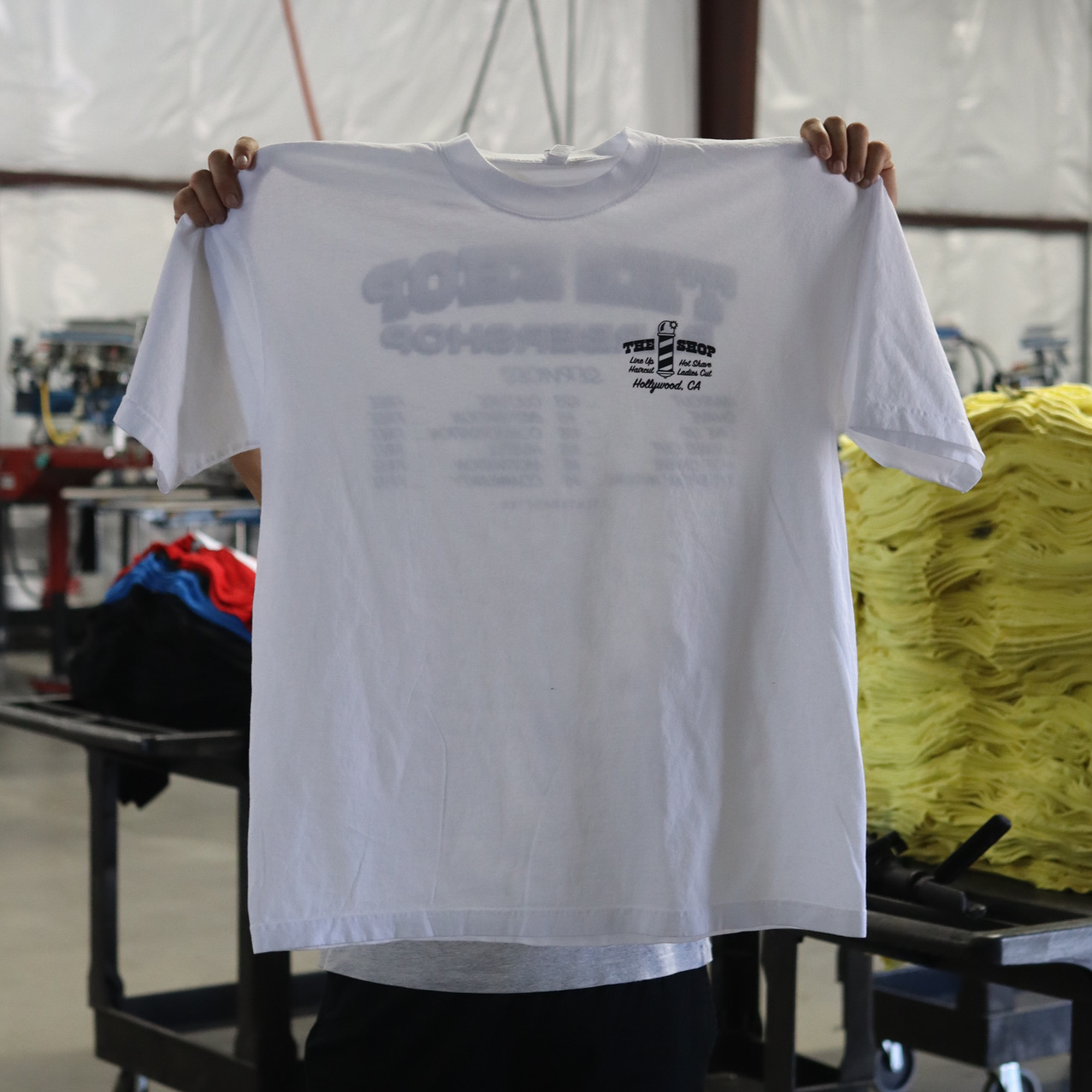 Custom screen printing on LA Apparel 1801 White Shirts Front