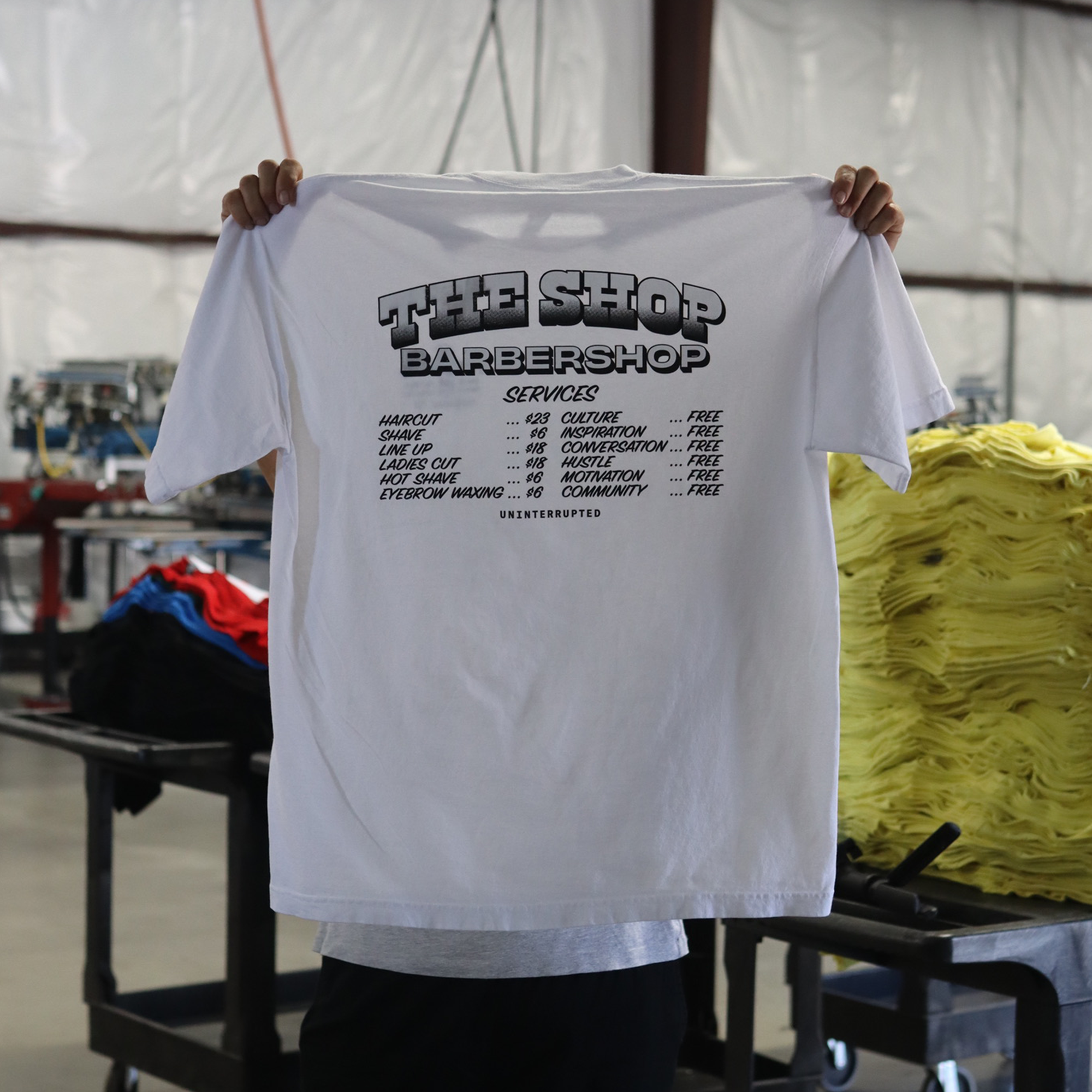 Custom screen printing on LA Apparel 1801 White Shirts Back