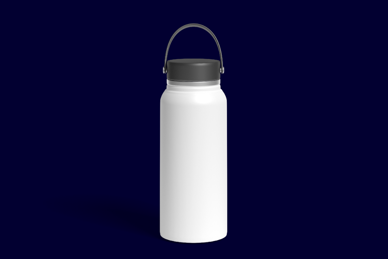 White insulated water bottle with a black cap against a blue background.