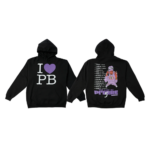 Black hoodie with "i ♥ pb" design on the front and an illustrated character with text design on the back.