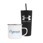 Two branded drinkware items: a white enamel mug with "regasic" logo and a black under armour tumbler with straw.