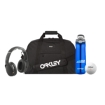 A black oakley duffel bag, accompanied by wireless headphones, a contigo water bottle, and a titleist golf ball.