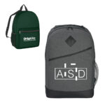 Two backpacks with custom logos, one green and one gray, on a white background.