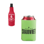 Two insulated beverage sleeves with logos: one for a bottle in red and one for a can in green.