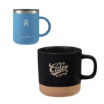Two insulated mugs with logos: a blue hydro flask mug and a black blue elder brewery mug.