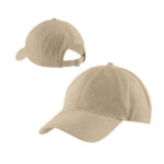 Two beige baseball caps isolated on a white background, one facing front and the other back.