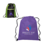 Two drawstring bags with different logos and color designs.