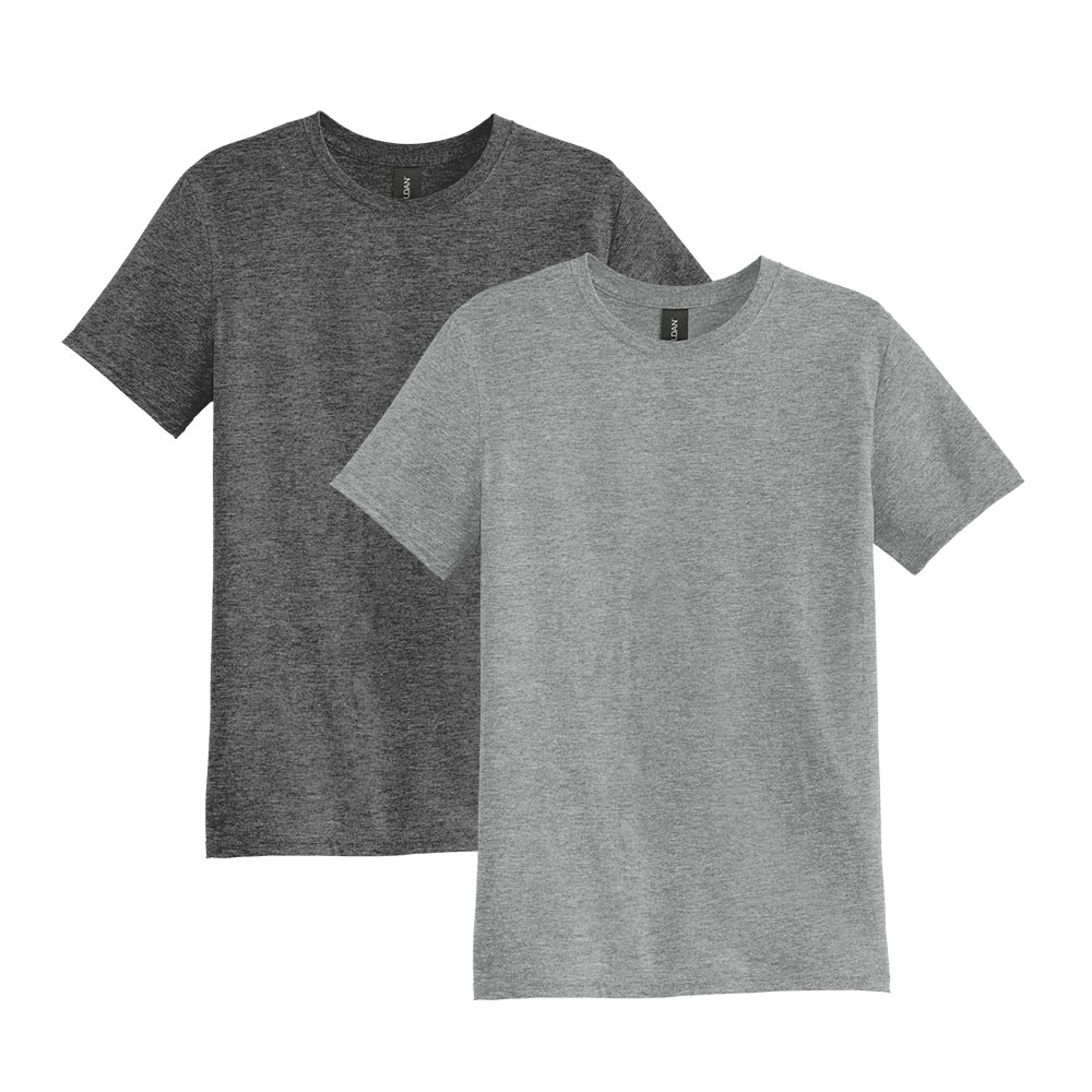 Two folded gray t-shirts on a white background.