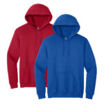 Two plain hooded sweatshirts, one red and one blue, on a white background.