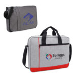 Two branded laptop bags with shoulder straps, one in vertical orientation with adm logo and the other in horizontal orientation with spriggs marketing logo.