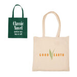 Two different tote bags with printed texts: one promoting a classic novel service and the other branded with 'good earth'.