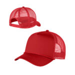 Red mesh trucker hats on a white background, one shown from the front, the other from the back.