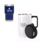 Two insulated travel mugs with custom branding.