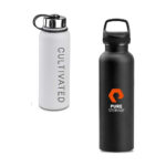 Two branded stainless steel water bottles, one white and one black, with screw-on caps.