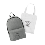 A gray backpack and a white tote bag with logos displayed side by side.
