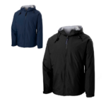 Two windbreaker jackets, one blue and one black, on a white background.
