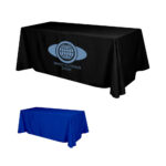 Black and blue rectangular tablecloths, one with a "world outdoor store" logo.