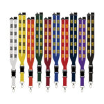 A collection of colorful lanyards with various patterns displayed side by side.
