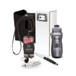 Branded promotional items including a water bottle, pen, lanyard, earphones, and packaging with the vanos fashion logo.
