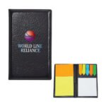 Black notepad holder with world line reliance logo, including sticky notes and flags inside.