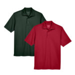 Two polo shirts, one green and one red, on a white background.