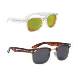 Two pairs of sunglasses with different frames and tinted lenses.