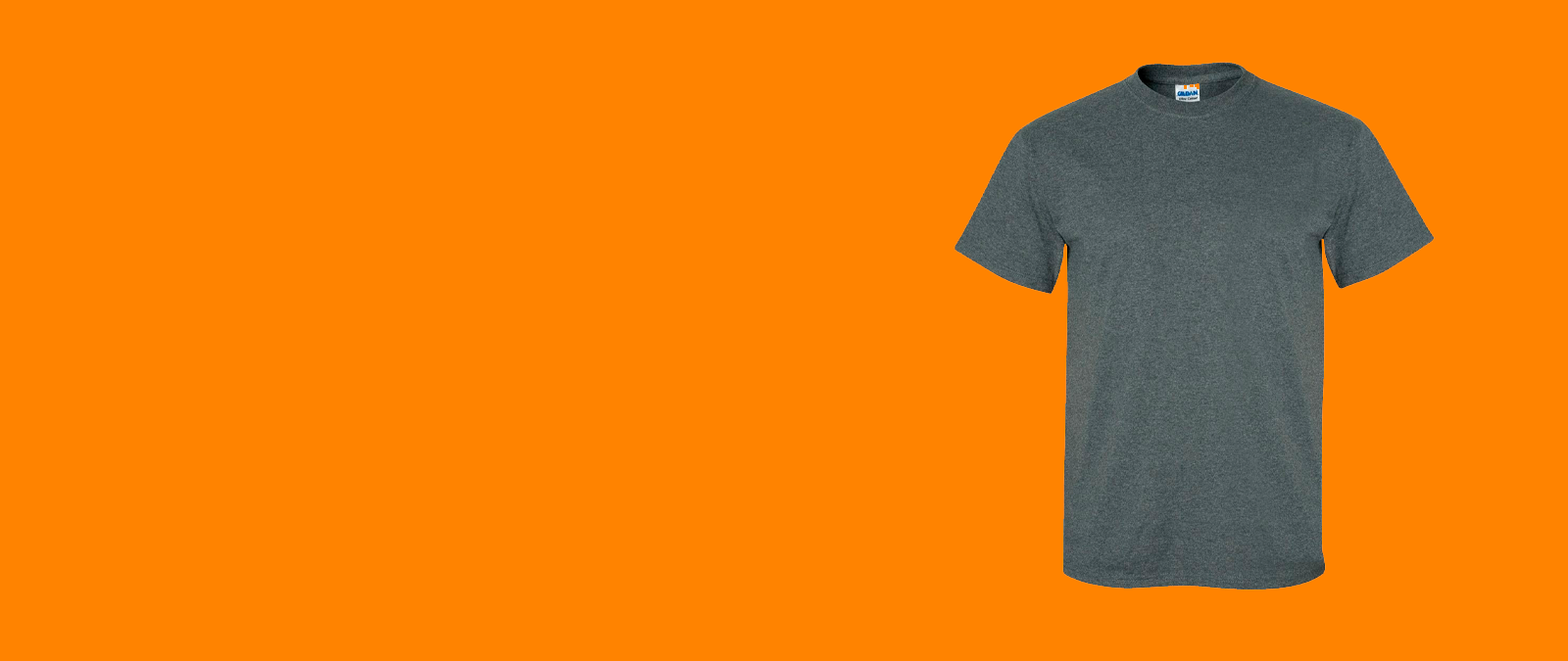 Gray crew neck t-shirt displayed on an orange background.