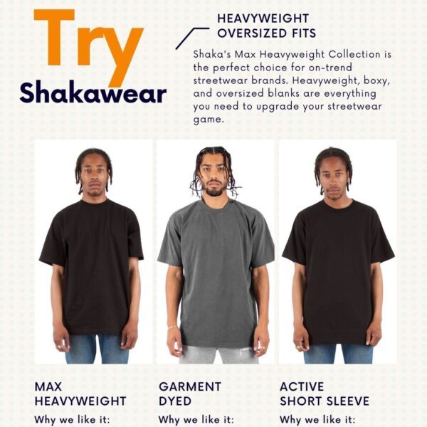 Promotional material showcasing three styles of Bella & Canvas heavyweight t-shirts with descriptions highlighting their unique features for streetwear fashion.