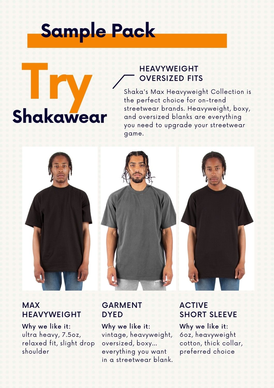 Promotional material showcasing three styles of Bella & Canvas heavyweight t-shirts with descriptions highlighting their unique features for streetwear fashion.