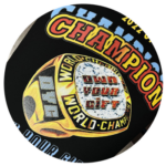 Round champion patch for brands with bold lettering and a belt design.