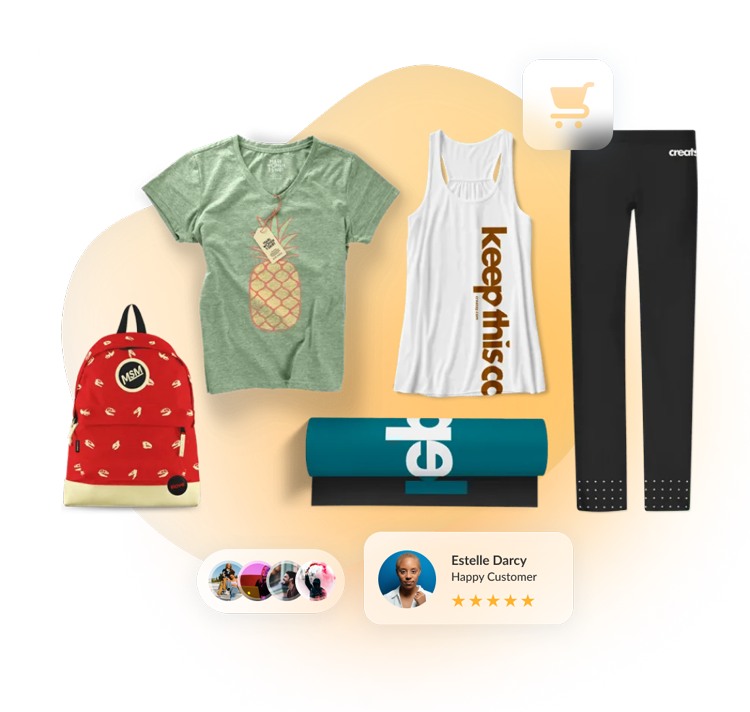 A collection of personalized merchandise including a printed t-shirt, tank top, leggings, backpack, and yoga mat to help you get started. It also comes with a customer review at the bottom.