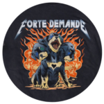 Graphic print of a fierce bulldog with flames in the background and the words "forte demande for brands" above it.