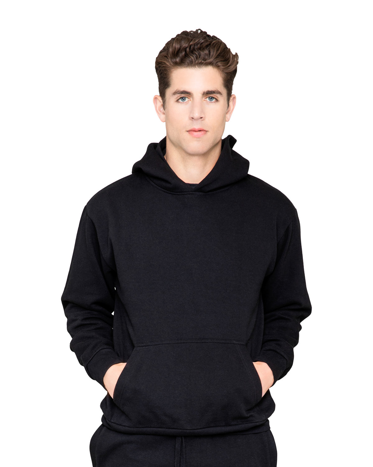 A young man with dark hair wearing a black hoodie standing against a white background.