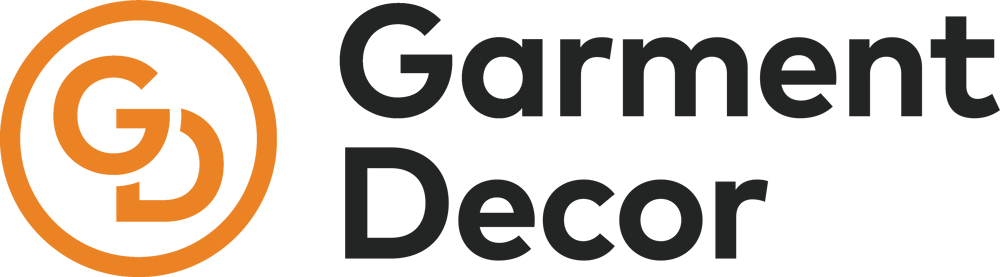 Garment decor company logo with orange and gray color scheme.