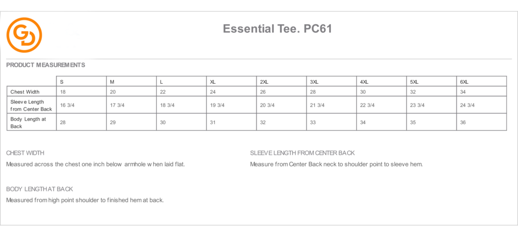 Size chart for essential tee pc61 with product measurements for chest width, sleeve length from center back, and body length at back.