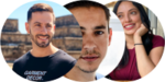 Three individual portraits of smiling people overlayed on a blurred cityscape background.