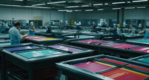 Workers in a large industrial screen printing facility operating various stations with colorful inks.