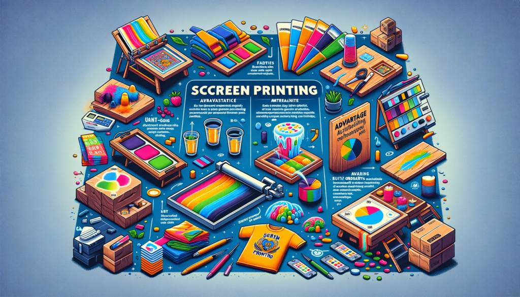 A vibrant, detailed illustration showcasing various elements and tools associated with screen printing, arranged in a symmetrical composition.