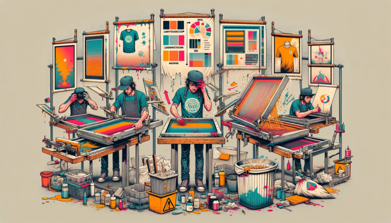 A detailed illustration of a screen printing workshop with four individuals engaged in various stages of the printmaking process.