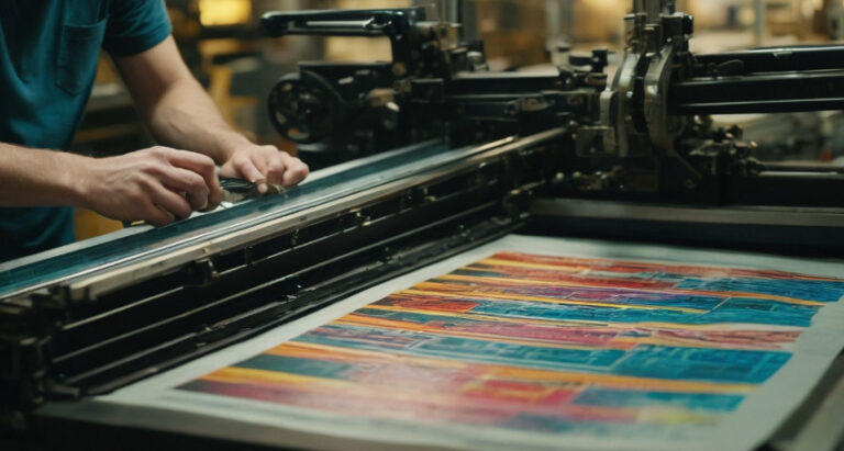 A person adjusts a printing press producing colorful artwork in an industrial setting.
