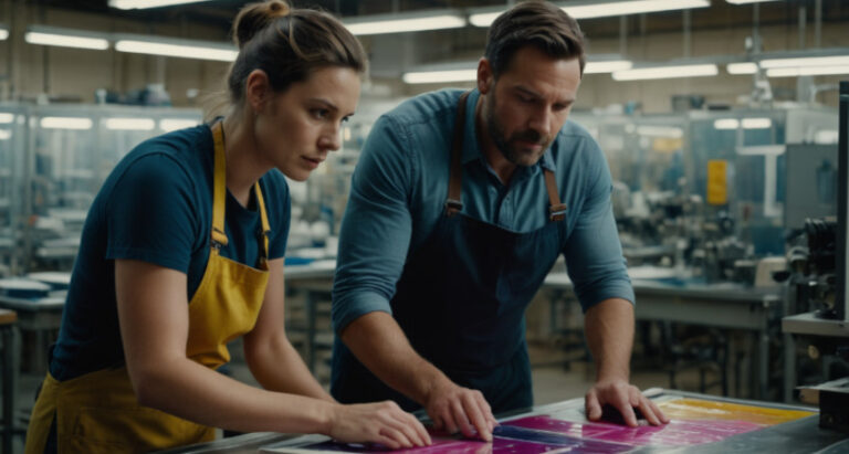 Two people, a man and a woman, wearing aprons in a workshop, examine a large, colorful print on a table.