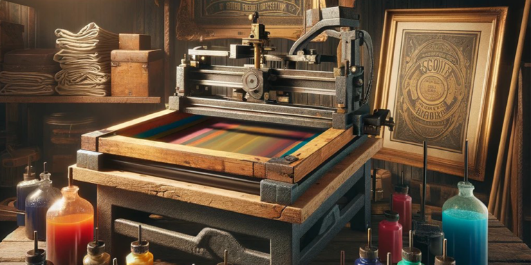 Vintage printing press with colorful inks in a traditional printmaking workshop.