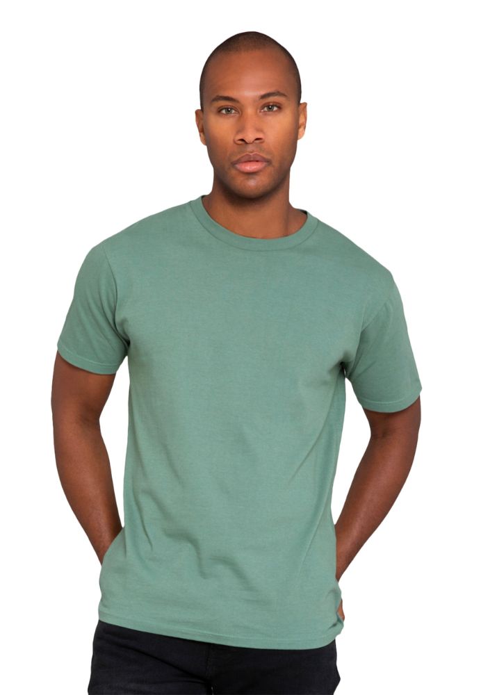 A man wearing a plain green t-shirt and looking directly at the camera.