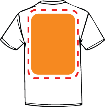 A graphic of a white t-shirt with a large orange rectangle on the front framed by a dashed red line.