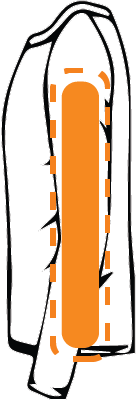 Illustration of a hot dog in a bun with dashed lines indicating toppings or condiments, enclosed within a clear, protective cover.