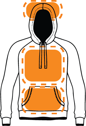 Illustration of an orange hoodie with a front pocket and drawstrings, featuring a black inner lining and a hat, viewed from the front.