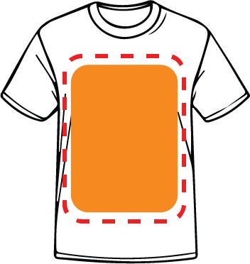 White t-shirt with a large orange rectangle design on the front, outlined by a dashed red line.